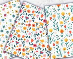 Colorful Flowers Cartoon Style Seamless Digital Pattern Paper for Crafts and Scrapbooking - White Background - Instant Download