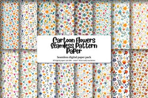 Cartoon Style Flowers Digital Pattern Paper with Seamless Texture - White Background - Floral Clipart for Crafts, Scrapbooking