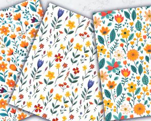 Cartoon Style Flowers Digital Pattern Paper with Seamless Texture - White Background - Floral Clipart for Crafts, Scrapbooking