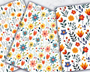 Cartoon Style Flowers Digital Pattern Paper with Seamless Texture - White Background - Floral Clipart for Crafts, Scrapbooking