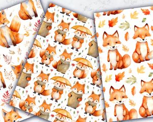 Watercolor Cartoon Cute Foxes Digital Pattern Paper with Seamless Texture - Instant Download - Scrapbooking, Crafts, DIY Projects