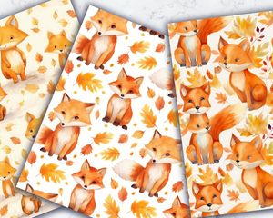 Watercolor Cartoon Cute Foxes Digital Pattern Paper with Seamless Texture - Instant Download - Scrapbooking, Crafts, DIY Projects