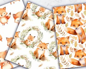 Watercolor Cartoon Cute Foxes Digital Pattern Paper with Seamless Texture - Instant Download - Scrapbooking, Crafts, DIY Projects