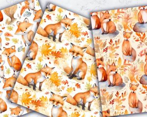 Watercolor Cartoon Cute Foxes Digital Pattern Paper with Seamless Texture - Instant Download - Scrapbooking, Crafts, DIY Projects