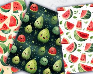 Colorful Cartoon Watermelon Digital Paper with Seamless Texture for Scrapbooking, Crafts, and DIY Projects - Instant Download