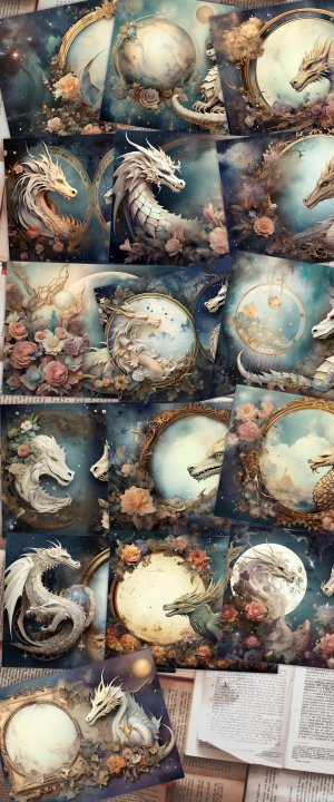 16 pages of Celestial Dragons and Fantasy World background, shabby chic ephemera, scrapbooking background for invitations, digital planners