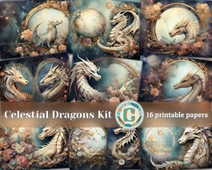 16 pages of Celestial Dragons and Fantasy World background, shabby chic ephemera, scrapbooking background for invitations, digital planners