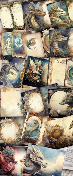 Celestial Dragons Junk Journal Kit Fantasy World Collage Printables, Digital Dragon Kit, Magic Dragon Junk Journal Paper for Invitations