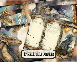 Celestial Dragons Junk Journal Kit Fantasy World Collage Printables, Digital Dragon Kit, Magic Dragon Junk Journal Paper for Invitations