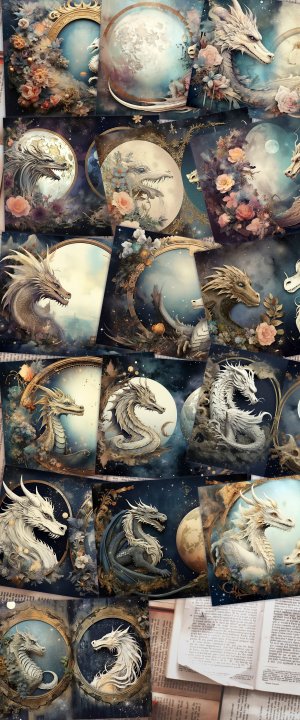 16 pages of Celestial Dragons and Fantasy World background, shabby chic ephemera, scrapbooking backgrounds, perfect for invitations