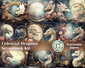 16 pages of Celestial Dragons and Fantasy World background, shabby chic ephemera, scrapbooking backgrounds, perfect for invitations