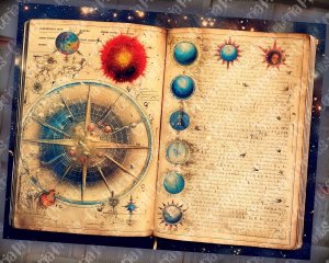 Celestial Junk Journal Page with Vintage Parchment - Stars, Moon, Horoscope - Deep Colors - Invitations, Planners, Journaling, Journals