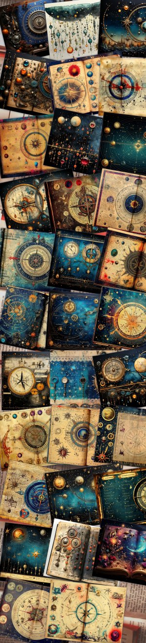 Celestial Junk Journal Page with Vintage Parchment - Stars, Moon, Horoscope - Deep Colors - Invitations, Planners, Journaling, Journals