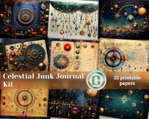 Celestial Junk Journal Page with Vintage Parchment - Stars, Moon, Horoscope - Deep Colors - Invitations, Planners, Journaling, Journals