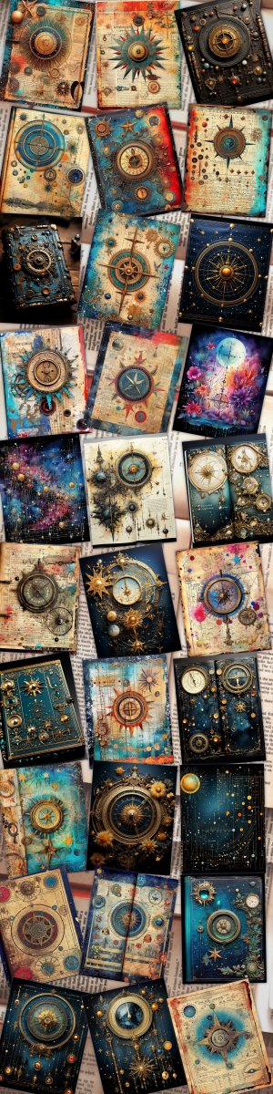 Celestial Junk Journal Page with Vintage Parchment Paper, Stars, Moon, Horoscope | Vivid Colors | Invitations, Digital Planners, Journaling