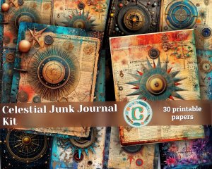 Celestial Junk Journal Page with Vintage Parchment Paper, Stars, Moon, Horoscope | Vivid Colors | Invitations, Digital Planners, Journaling