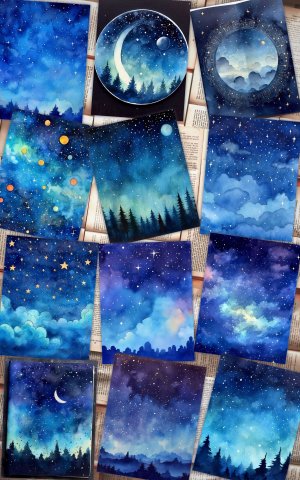 12 papers | Celestial Night Sky Watercolor Scrapbooking Papers, Perfect for Junk Journals, Invitations, and Designs. Printable