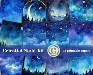 12 papers | Celestial Night Sky Watercolor Scrapbooking Papers, Perfect for Junk Journals, Invitations, and Designs. Printable