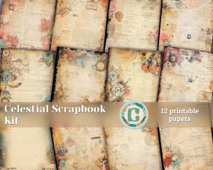 12 Papers | Celestial Themed Scrapbooking Kit with Intricate Details and Big Elements | Printable Pages, Shabby Chic Ephemera