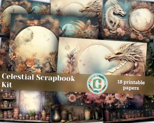 18 papers | Celestial Dragons and Fantasy World Scrapbooking Kit | Printable Pages, Shabby Chic Ephemera, Junk Journal Supplies