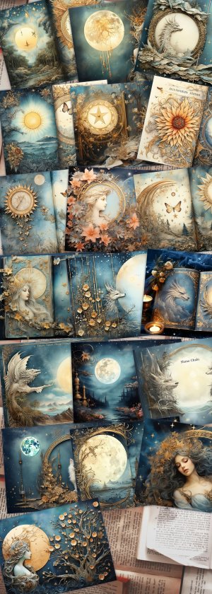 19 pages of Moonlight Background, Moon and Sun Celestial Vibes, Shabby Chic Ephemera for Scrapbooking, Invitations, Digital Planners