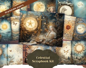 19 pages of Moonlight Background, Moon and Sun Celestial Vibes, Shabby Chic Ephemera for Scrapbooking, Invitations, Digital Planners