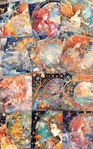 12 Papers | Celestial and Mythology Themed Scrapbooking Kit with Intricate Watercolor Illustrations and Cliparts for Junk Journaling