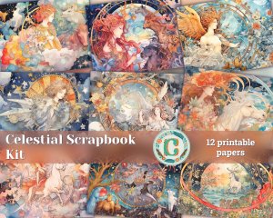 12 Papers | Celestial and Mythology Themed Scrapbooking Kit with Intricate Watercolor Illustrations and Cliparts for Junk Journaling