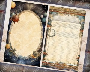 Vintage Double Junk Journal Pages with Fantasy Celestial Border - Printable Scrapbook Pages, Perfect for Invitations, Digital Planners