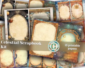 Vintage Double Junk Journal Pages with Fantasy Celestial Border - Printable Scrapbook Pages, Perfect for Invitations, Digital Planners