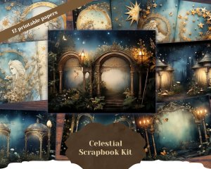 12 papers | Moonlight and Sun Celestial Scrapbooking Kit | Shabby Chic Ephemera and Printable Pages | Junk Journaling and Invitations