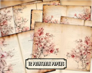 Watercolor Cherry Blossoms Lined Paper | Vintage Floral Theme | High Quality Clipart for Scrapbooking, Invitations, Digital Planners