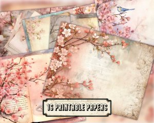 Fairy Tale Watercolor Pastel Cherry Blossom Junk Journal Background | Printable Digital Collage for Invitations, Planners, Journaling