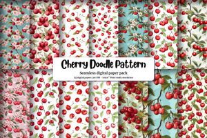 Doodle Style Cherry Clipart | Cute Watercolor Illustration | Seamless Texture | Big Elements | Light Background | High Quality