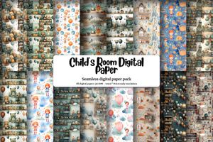 Colorful Child's Room Illustrations Digital Paper Set with Seamless Texture - Instant Download - Nursery Decor - Scrapbooking Supplies