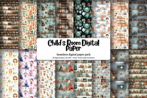 Child's Room Illustrations Digital Paper with Seamless Texture - High Quality Digital Pattern Paper for Child's Room Decor