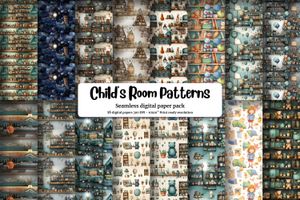 Child's Room Illustrations Digital Paper - Seamless Texture Patterns for Crafts, Scrapbooking, and DIY Projects - Instant Download