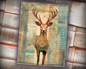 20 papers | Scrapbooking Kit with Christmas Deer Patchwork Art, Muted Colors, and Shabby Chic Ephemera | Junk Journal Supplies