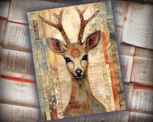 20 papers | Scrapbooking Kit with Christmas Deer Patchwork Art, Muted Colors, and Shabby Chic Ephemera | Junk Journal Supplies