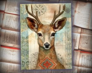 20 papers | Scrapbooking Kit with Christmas Deer Patchwork Art, Muted Colors, and Shabby Chic Ephemera | Junk Journal Supplies