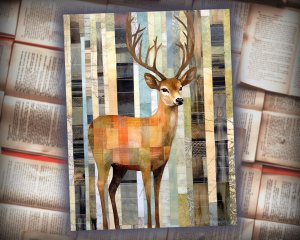 20 papers | Scrapbooking Kit with Christmas Deer Patchwork Art, Muted Colors, and Shabby Chic Ephemera | Junk Journal Supplies