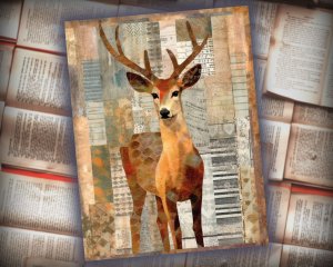 20 papers | Scrapbooking Kit with Christmas Deer Patchwork Art, Muted Colors, and Shabby Chic Ephemera | Junk Journal Supplies