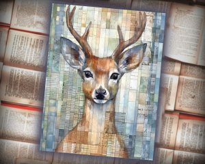 20 papers | Scrapbooking Kit with Christmas Deer Patchwork Art, Muted Colors, and Shabby Chic Ephemera | Junk Journal Supplies