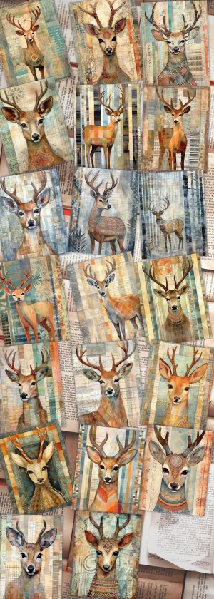 20 papers | Scrapbooking Kit with Christmas Deer Patchwork Art, Muted Colors, and Shabby Chic Ephemera | Junk Journal Supplies