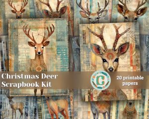 20 papers | Scrapbooking Kit with Christmas Deer Patchwork Art, Muted Colors, and Shabby Chic Ephemera | Junk Journal Supplies