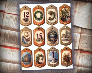 12 papers | Vintage Christmas Labels with Old English Numbers | Scrapbooking, Invitations, Journaling | Printable Pages, Shabby Chic