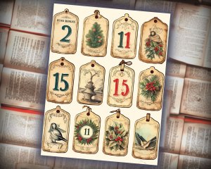 12 papers | Vintage Christmas Labels with Old English Numbers | Scrapbooking, Invitations, Journaling | Printable Pages, Shabby Chic