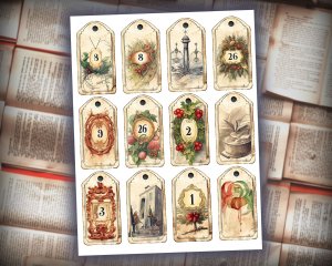 12 papers | Vintage Christmas Labels with Old English Numbers | Scrapbooking, Invitations, Journaling | Printable Pages, Shabby Chic