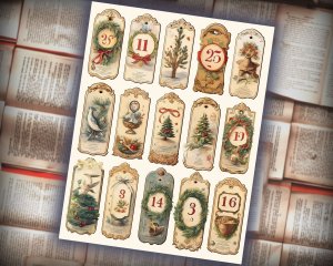 12 papers | Vintage Christmas Labels with Old English Numbers | Scrapbooking, Invitations, Journaling | Printable Pages, Shabby Chic