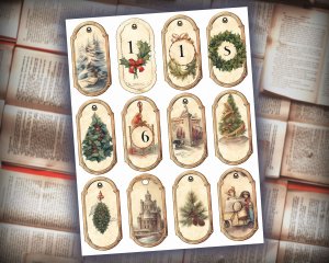 12 papers | Vintage Christmas Labels with Old English Numbers | Scrapbooking, Invitations, Journaling | Printable Pages, Shabby Chic